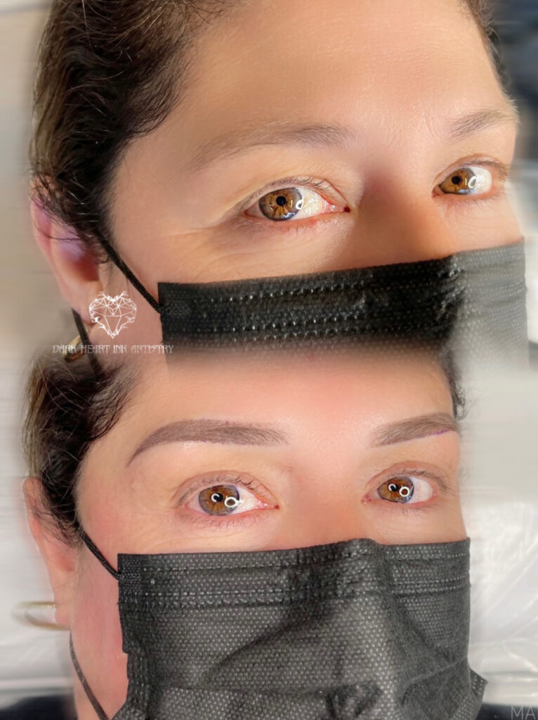 Two pictures of a woman with a black mask on her face at home.