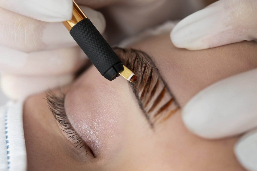 Close-up of a person's eyebrow undergoing a microblading procedure with a black and gold tool held by gloved hands, showcasing the latest trend in permanent makeup in San Diego.