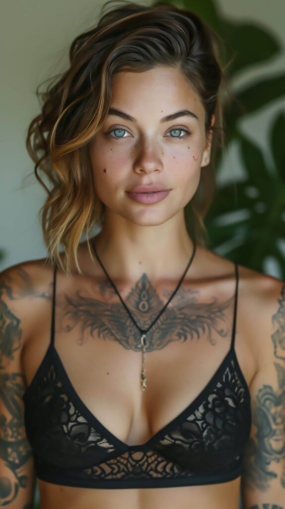 A woman with tattoos on her chest and arms, an embodiment of Dark Heart Ink, wears a black lace bralette and a necklace, with plants in the background.