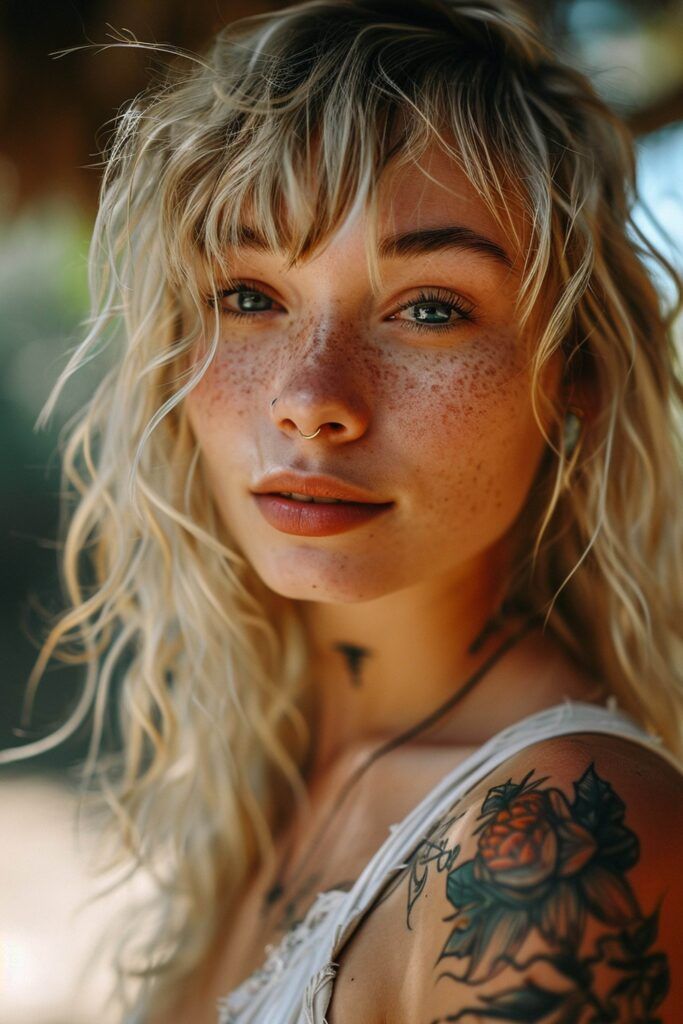 A person with wavy blonde hair, freckles, and a nose ring looks directly at the camera. They have visible tattoos on their shoulder from Dark Heart Ink, including a floral design that accentuates their inner beauty.