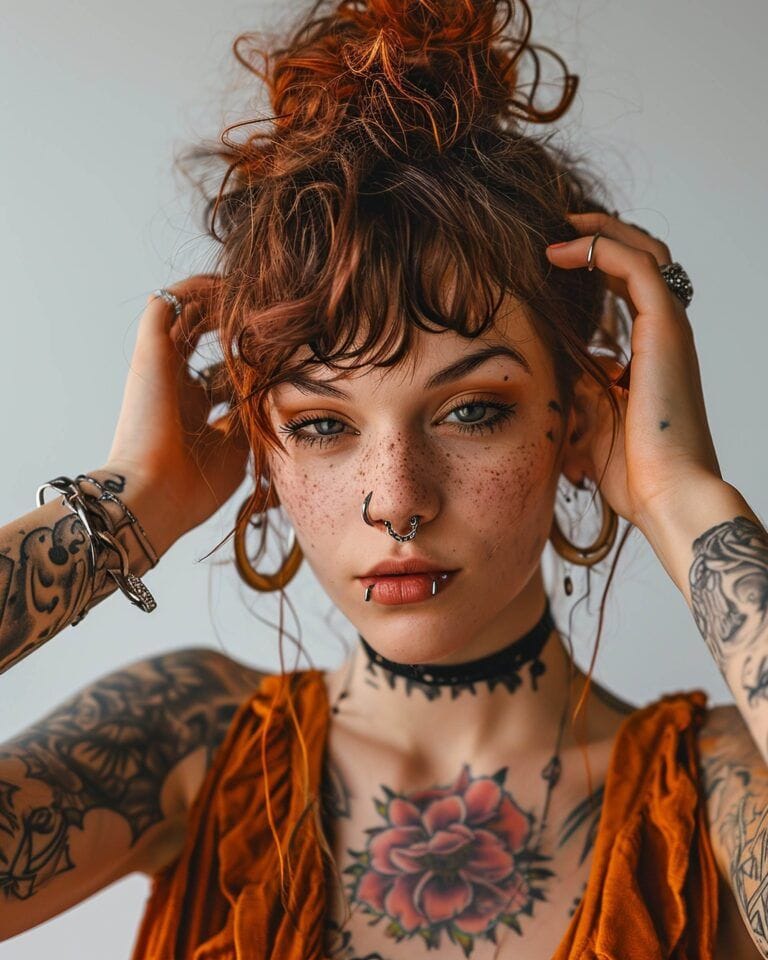 A person with red hair tied up and wearing multiple earrings, nose rings, and chokers, has visible Dark Heart Ink tattoos and freckles, and is adjusting their hair with both hands.