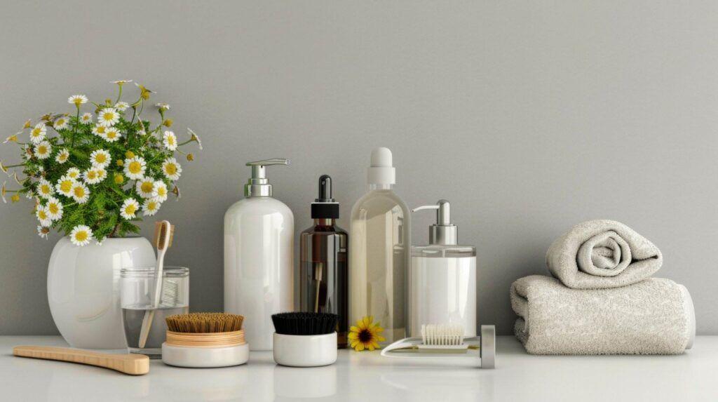 A neatly arranged bathroom counter displays a variety of toiletries, including soap dispensers, brushes, a toothbrush holder, folded towels, and a vase of daisies. Adding to the charm are trendy beauty marks on the accessories, creating a natural-looking aesthetic that’s both stylish and inviting.