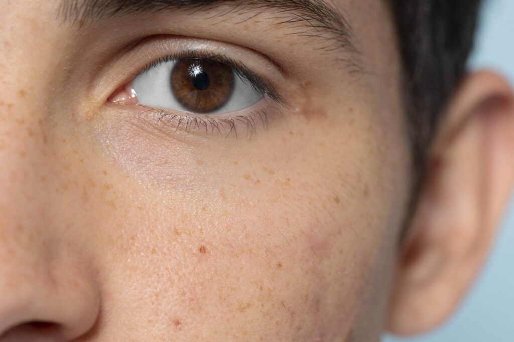 Close-up of a person's face focusing on the right eye and the surrounding skin, showing freckles and minor blemishes. For those curious about enhancing their natural beauty, freckle tattoos information offers everything you need to know.